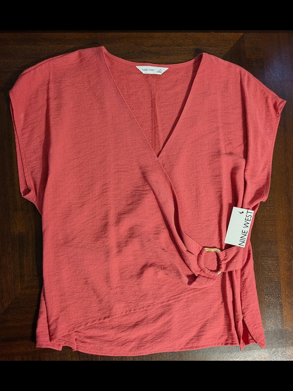Pink Nine West Blouse Faux Wrap Ring Buckle Cap Sleeve Women's Top Size XL, NWT